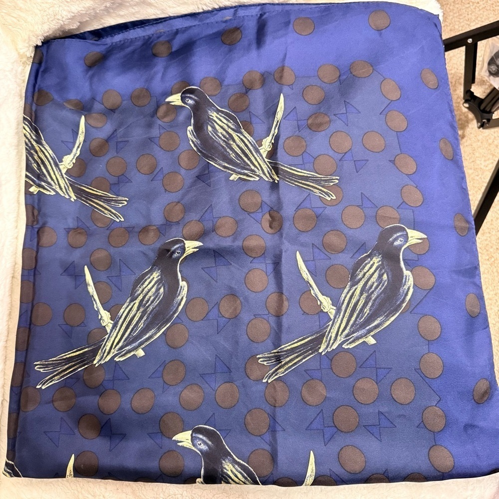 Elegant Blue and Gold Polka Dot Scarf Bird Print - Picture 3 of 4